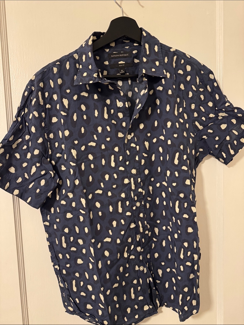Banana Republic Navy Short-Sleeve Button-Down with White Spot Print
